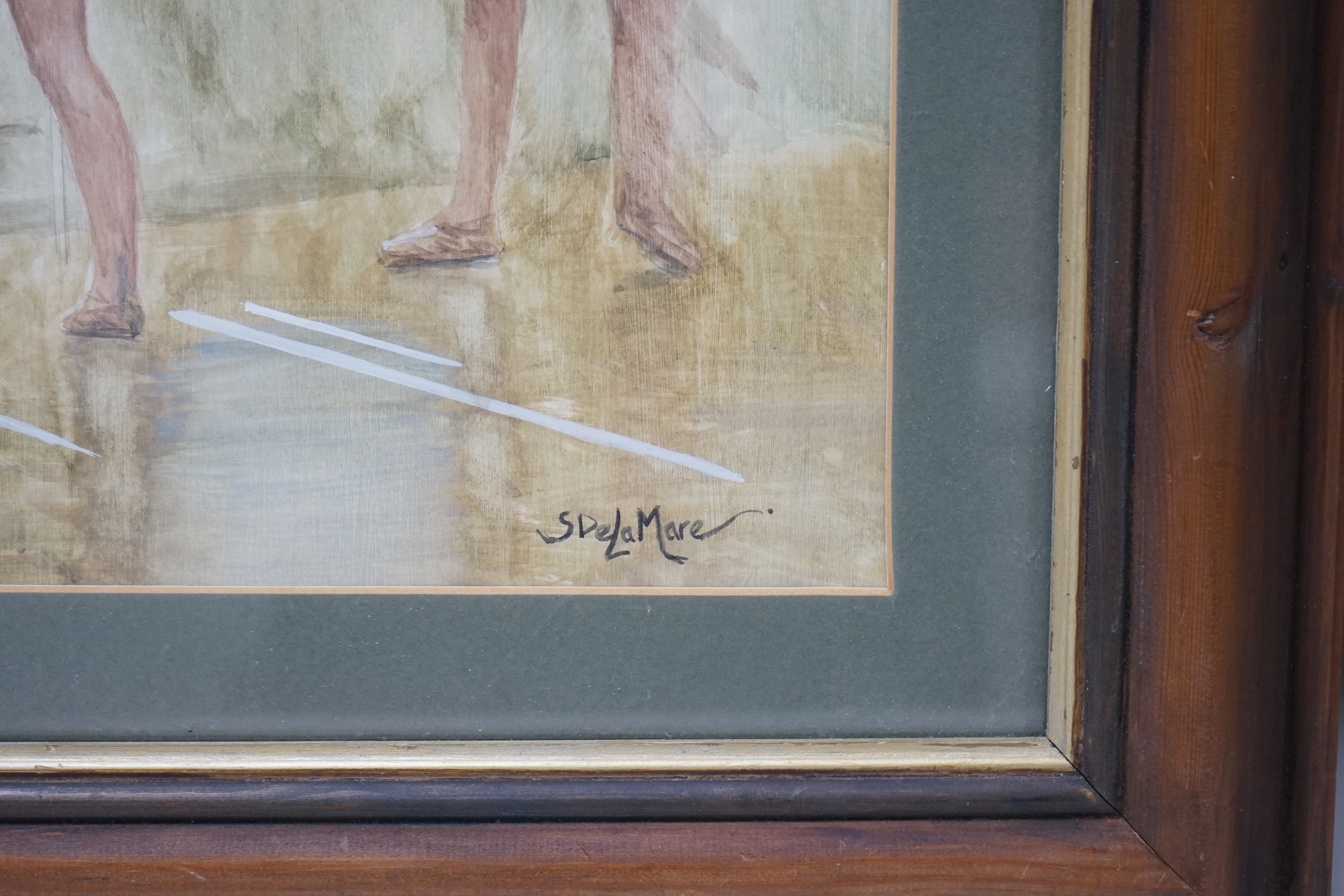 S. de la Mare, mixed media and heightened watercolour, Study of four ballet dancers, signed, 33 x 67cm. Condition - good